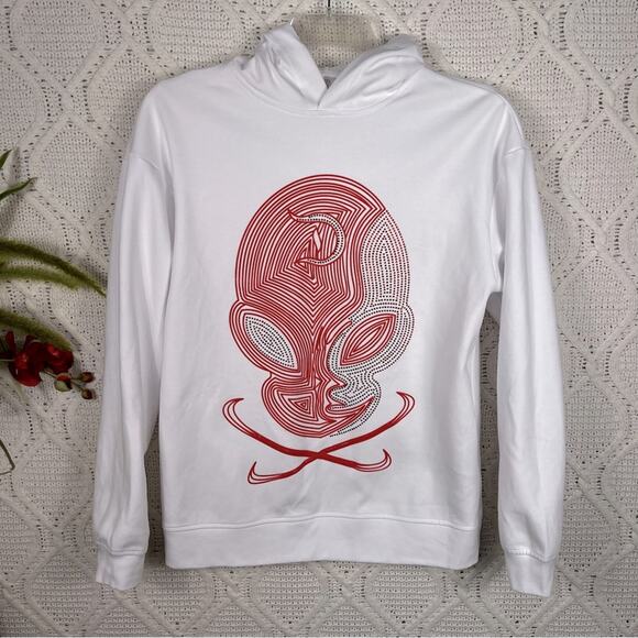 HEADS OR TAILS | White & Red Rhinestone Skull & Crossbones Hoodie | Men's S - Picture 3 of 10
